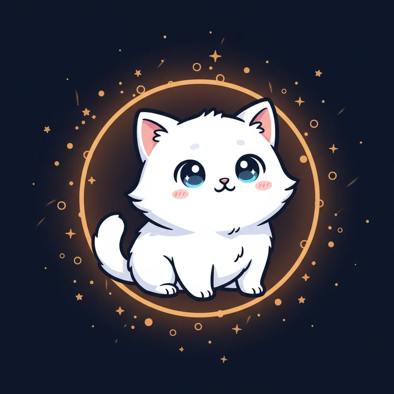 A friendly white kitten surrounded by warm amber sparkles