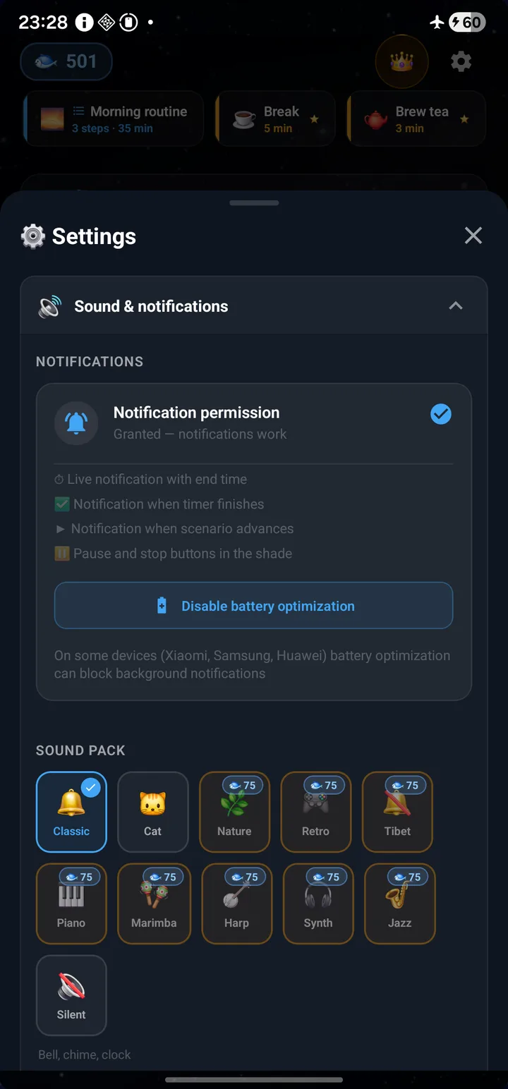 Settings screen with a grid of sound packs
